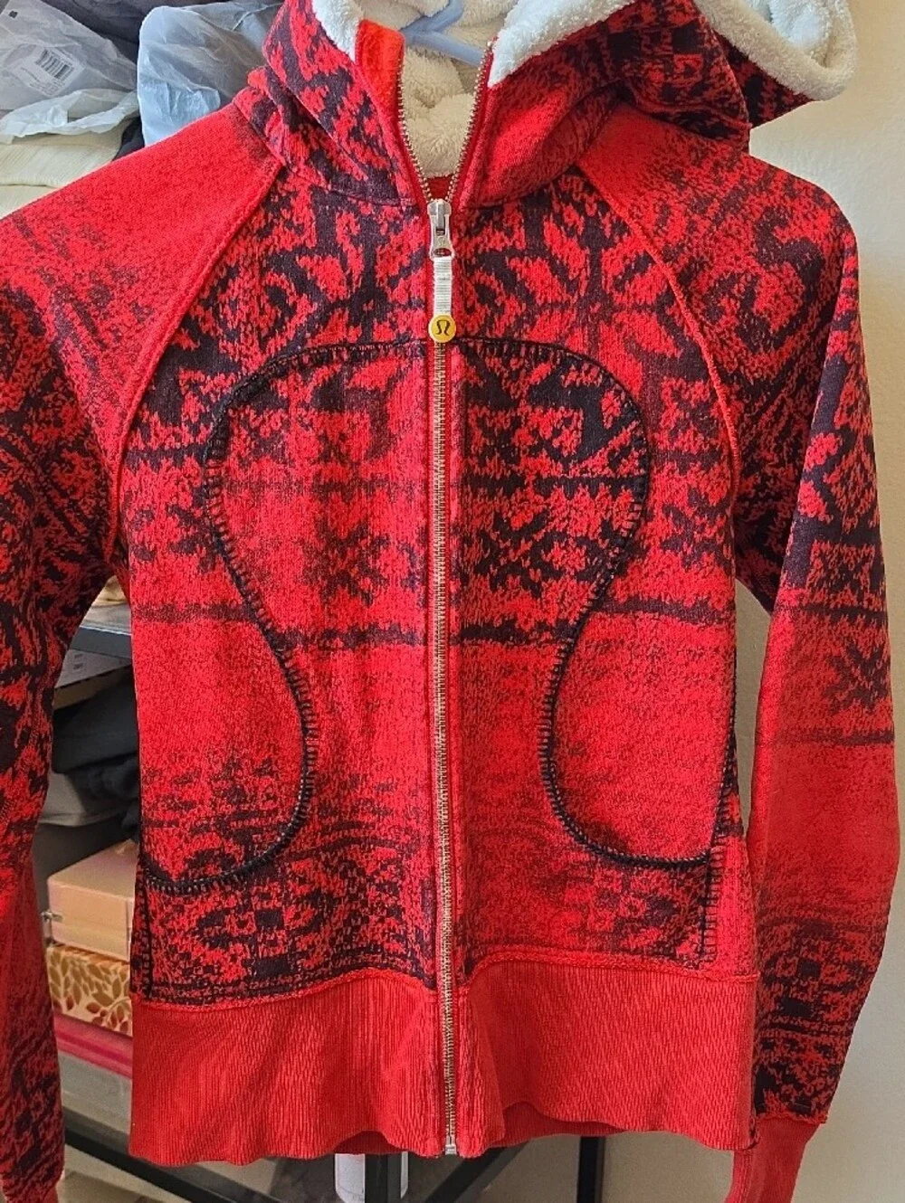 lululemon athletica Red and Black Patterned Fleece-Lined Zip Hoodie
